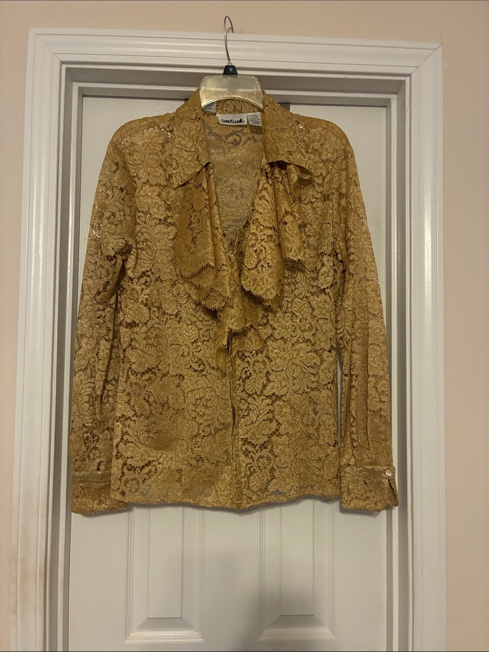 Anne Klein Mustard Gold Lace Ruffle Blouse size 10